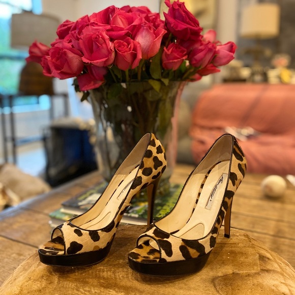Brian Atwood calf hair leopard print pumps